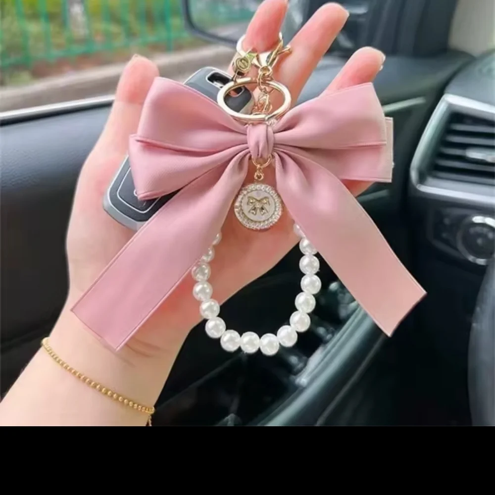 Elegant Pink Bow Phone/Purse Accessory with Pearl Chain